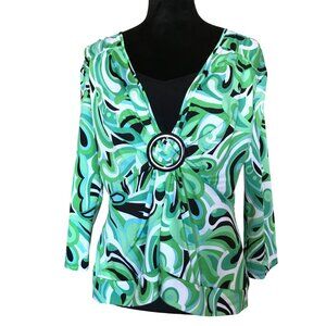 Notations Green Print Blouse with Ruched Front & Buckle, Black Underlay, Size XL